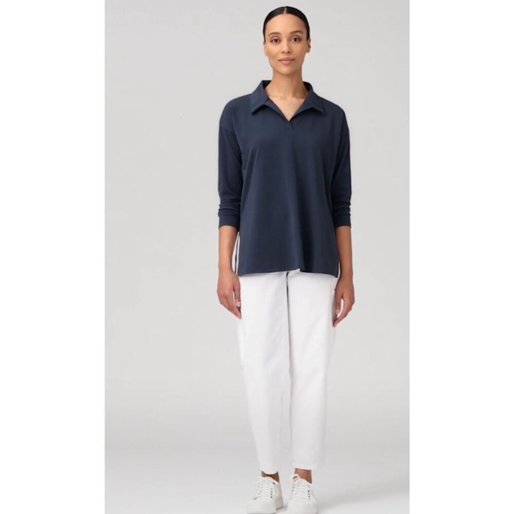 Eileen Fisher Pima Cotton Stretch Jersey Classic Collar Top Medium